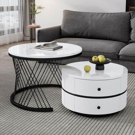 Table basse gigogne, 60x60x46 cm x 50x50x30,8 cm, table ronde avec plateau en marbre et 2 tiroirs, blanche+ noir (1/5)