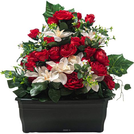 Extraordinaire Jardinière de Pivoines artificielles pour le cimetière H 55 cm Lg 58 cm Rouge-orange - couleur: Rouge-orange