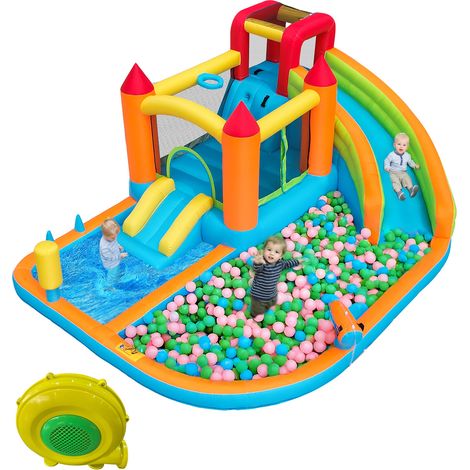 Château Gonflable Aquatique avec Souffleur - Aire de Jeux 7-en-1 : 2 Toboggans, 2 Bassins, Trampoline et Panier de Basket - Parc Aquatique d'Extérieur pour Enfants