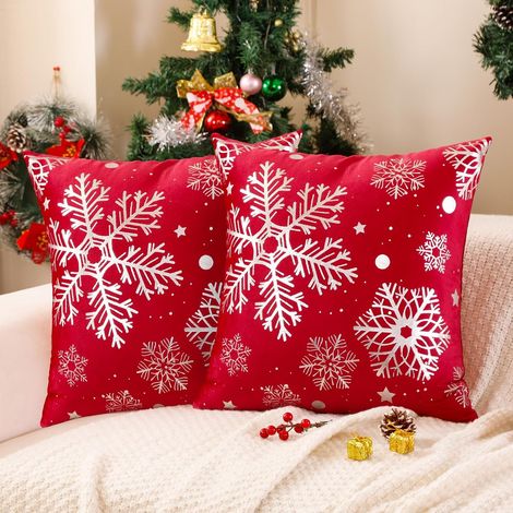 JSSEVN - Set of 2 Christmas Velvet Red Cushion Covers, 45 x 45 cm, White Snowflake Design, Square Winter Pillowcase, Aesthetic Decorative Interior (1/5)