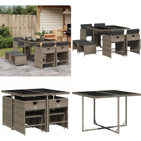 9-tlg. Garten-Essgruppe mit Kissen Grau Poly Rattan - Gartenmöbel Set - Gartentisch - Gartenstühle - Gartenhocker - Rattan Möbel - Home & Living (1/5)