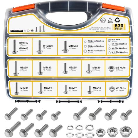 Assortiment de boulons métriques M6 M8 M10 à bride, tête hexagonale à bride M6x1.0 boulon M8x1.25 boulon M10x1.5 Kit de boulons, écrous et boulons dentés, rondelles plates et à ressort