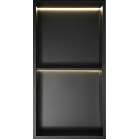 Niche de douche avec éclairage LED 12 x 24 pouces, niche en acier inoxydable avec éclairage, niche encastrée à deux niveaux, pour le rangement dans la salle de bains (noire) (1/5)