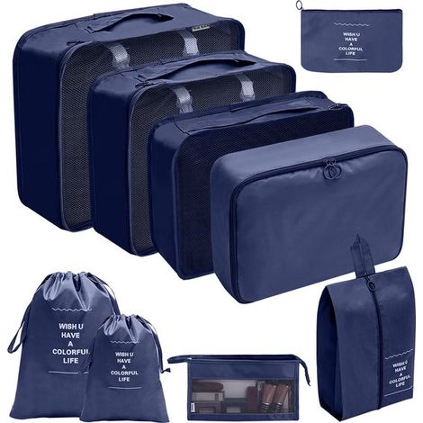 Set organizer da viaggio da 9 pezzi,sacchetti per scarpe in rete traspirante,adatto per valigie,disponibile in 6 colori Blu scuro (1/5)
