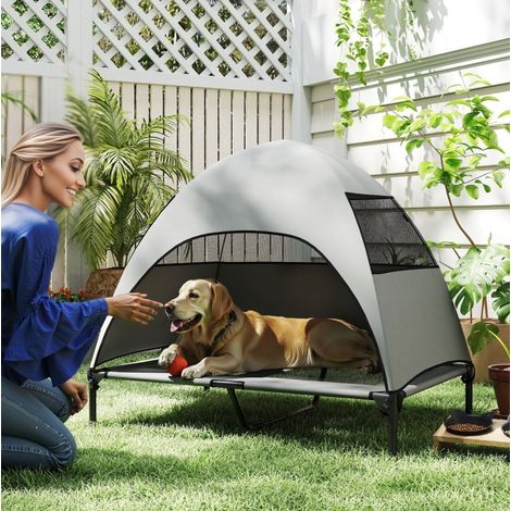 Cama elevada para perro con techo, 106 x 76 x 99 cm, gris claro DESVIAE (1/5)