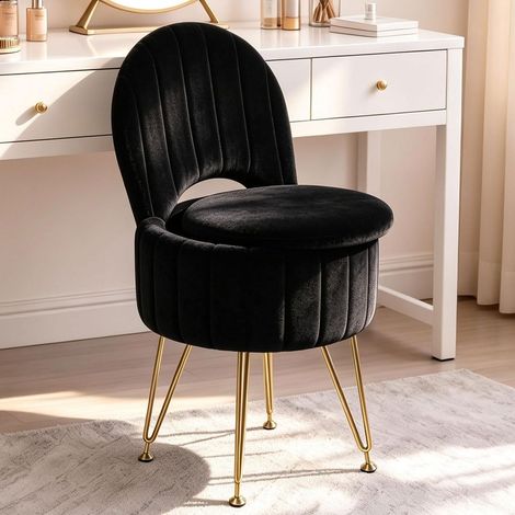 Tabouret de Coiffeuse Rond Noir avec Rangement Caché et Dossier Pliable (1/5)