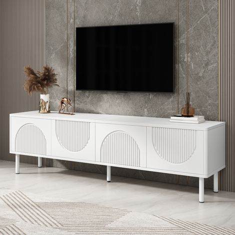 Meuble TV bas blanc 180x40x52cm, 4 portes cintrées + finition mate + gestion câbles, pour salon, chambre et entrée (1/5)