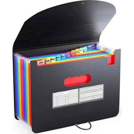 Classeur A4 - 12 Compartiments - Capacité Élevée - Intérieur Coloré - Pour Bureau et Maison - Matériau Plastique - 33 x 24 x 24 cm - Avec Fermoir et Élastique (1/5)