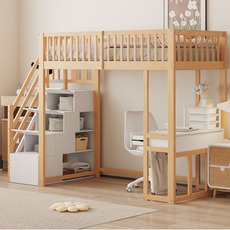 Hochbett 250x96x175 cm, mit Multifunktionstisch und sicherer Lagertreppe, aus Holz, Weiß und Hell Eiche (1/5)