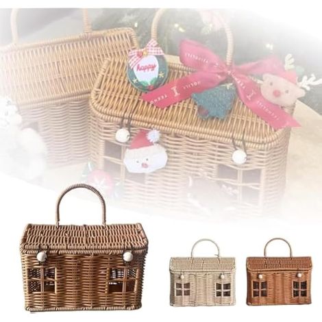 Panier décoratif en rotin tissé à la main avec couvercle, organiseur en osier naturel avec poignée pliable pour pique-niques, Paques, rangement (marron) (1/5)