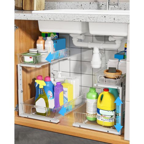 Lot de 2 Rangement sous Evier Cuisine, 2 Niveaux Tiroir Coulissant, Métal Cadre Hauteur Réglable Organisation sous Evier à Extraction, Blanc