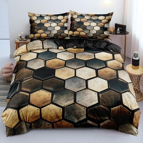 3D Bettwäsche Set 155x220cm Geometrie Wabenmuster Mikrofaser mit Reißverschluss