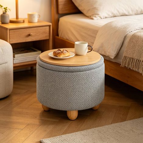 Pouf contenitore rotondo 39x39x33 cm grigio chiaro con vassoio reversibile, lino, MDF e legno (1/5)