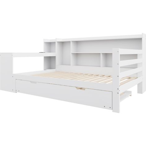 Cama multifuncional de madera blanca 90 x 200 cm con cama nido, escritorio, almacenaje y enchufe (1/5)