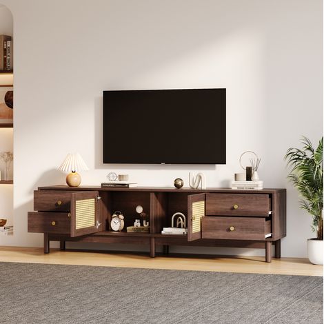 Meuble tv rangement 180 cm bois rotin 6 espaces HAVRYA (1/5)