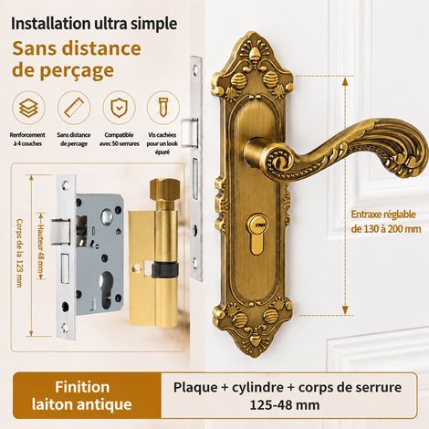 Serrure à poignée métallique européenne jaune antique avec boîtier 125/48 125 48 réf 9719 1 kg – Livraison gratuite