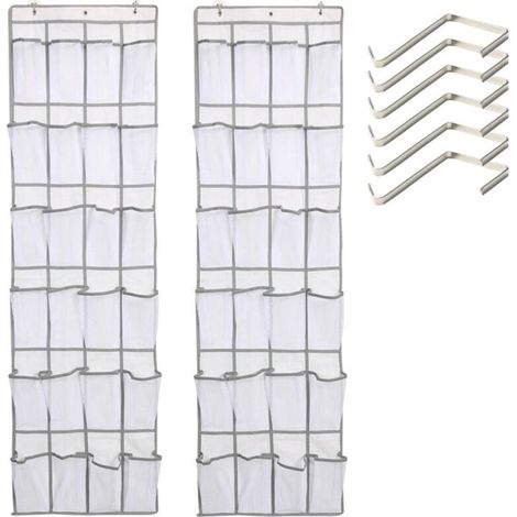 Lot de 2 grands sacs de rangement en filet avec 24 poches, pour chaussures derrière la porte, étagère à chaussures, blanc (1/4)