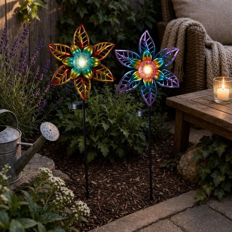 Solar Garden Stake Lights Set of 2 Solar Flower Lights with Crackle Glass Ball, Outdoor LED Pathway Lights for Borders & Lawn