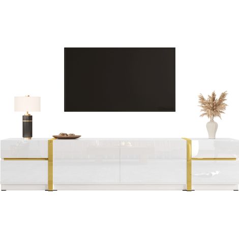 Meuble TV Blanc Brillant avec Bordures Dorées, 4 Tiroirs et 2 Portes, 180cm, Salon Moderne (1/5)