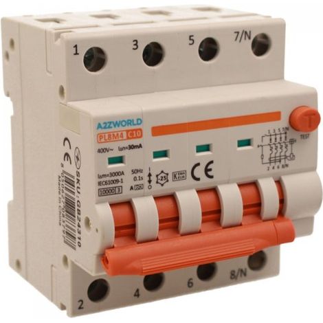 RCBO Interruttore Magnetotermico Differenziale Con Doppia Leva Tipo A Curva C 4P 4M 6000A 30mA, Diagnostica Visiva, C10A  AC 400V IP20 IEC61009-1 PL8M4 4P GB66310