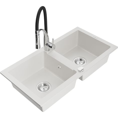 Mexen Mario fregadero de granito de 2 compartimentos con grifo de cocina Aster, blanco - 6504-20-73450-07 (1/5)