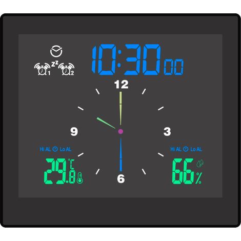 Horloge thermohygromètre intérieur, Réveil double alarme, Thermomètre hygromètre écran couleur, USB/batterie, numérique (1/5)