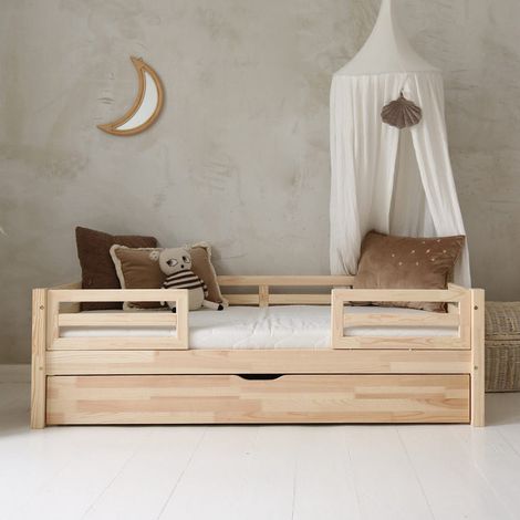 Cama 90x190 con barandillas somier y cajón Myléna Madera (1/4)
