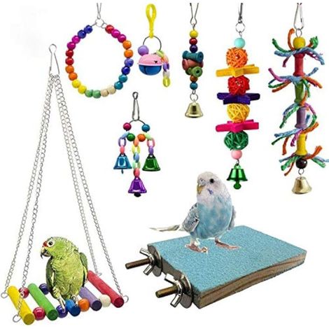 Lot de 8 jouets à mâcher pour balançoires pour oiseaux - Jouets pour hamacs pour perroquets et clochettes pour petites perruches, calopsittes, conures, renouées, aras, tourtereaux (1/5)