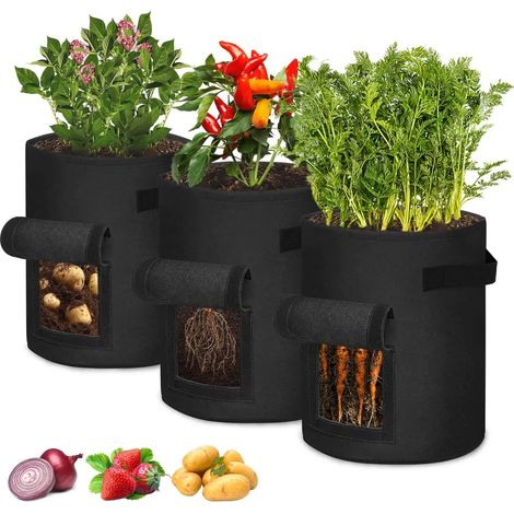 Set aus 3 Blumentöpfen, 40 Liter, 10 Gallonen, 35 cm Durchmesser, nicht gewebte Kartoffelpflanzsäcke, mit Sichtfenster, durchlässig, platzsparend.