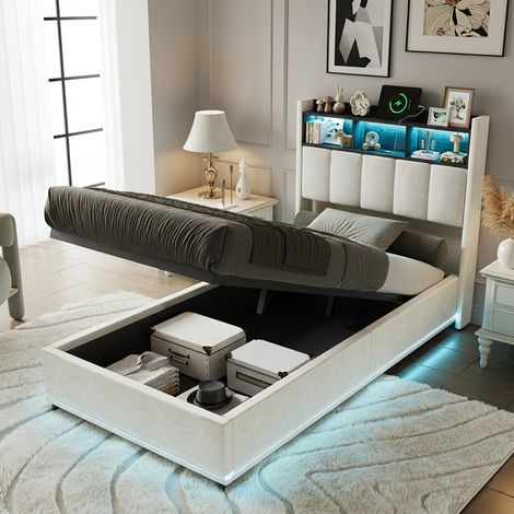 Lit simple 90x200 cm, Lit coffre, avec espace de rangement, tête de lit capitonnée imitation bois, Fonction de charge, éclairage d'ambiance LED, blanc (1/5)