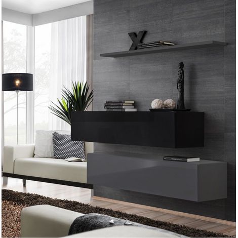 Commode - Switch SB II - 2 bancs TV - 1 étagère - Noir et graphite - Modèle 2 - Livraison gratuite