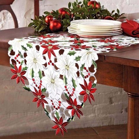 Chemise De Table De Noël - Motif Poinsettia Et Houx - Polyester - 40 x 180 cm - Rouge - 1 Pièce (1/5)