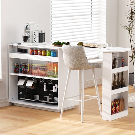 Table bar extensible 360°, Îlot de cuisine avec LED et prise USB/Type-C 120x50x95,5 cm, MDF blanc (1/5)