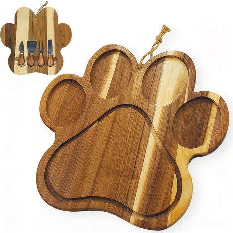 Grande planche à charcuterie en bois d'acacia en forme de patte – Cadeau pour les amoureux des animaux, les parents de chiens et de chats et les amateurs d'animaux (patte + 4 couteaux) (1/5)