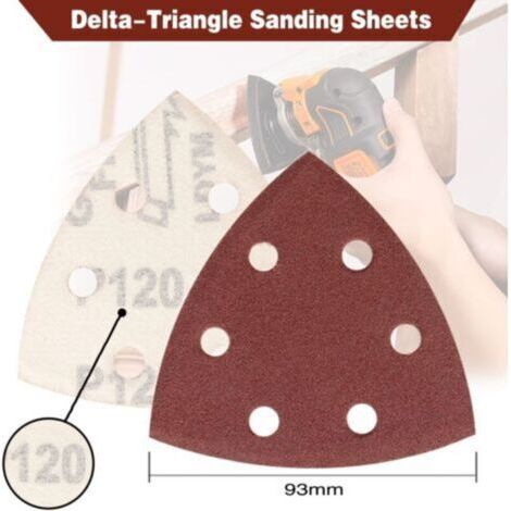 Triangles de ponçage Delta, 70 pièces, assortiment, 10 grains 60/80/120/180/240/320/400, dimensions : 93 x 93 x 93 mm, pour ponceuses Delta, triangles de ponçage auto-adhésifs (1/4)