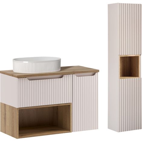 Mueble de lavabo individual de 90 cm y mueble columna Riva Cashmere y Wood