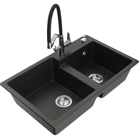 Mexen Tomas 2-Becken-Granitspüle mit Mischbatterie Duo, Schwarz/Gold metallisch - 6516-75-671701-07