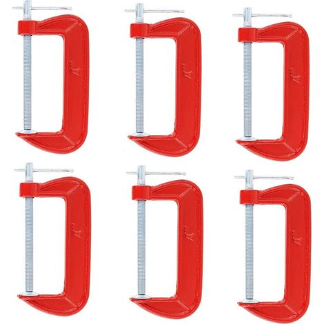 Jeu de 6 serre-joints en G légers rouges avec une ouverture de mâchoire de 10 cm, adaptés à la menuiserie, au soudage et à la réparation automobile. (1/4)