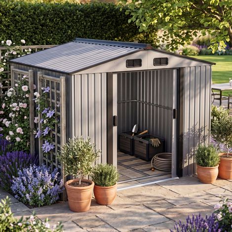 GARDEBRUK® XXL Metall Gerätehaus 5m² mit Fundament 260x205x180cm Schiebetür Metallic Geräteschuppen Gartenhaus 9m³ metallic-grau