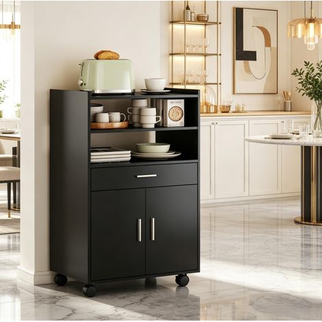 Carro de cocina para microondas con ruedas de MDF negro 59 x 40 x 92 cm OKWISH (1/5)