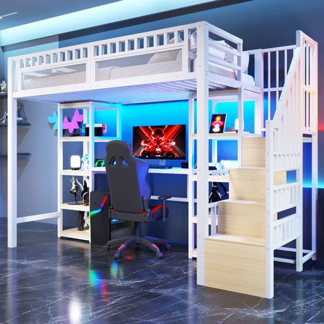 Lit mezzanine enfant 90x200 cm avec bureau, échelle avec rangement et étagères, LED et USB, structure métal et MDF, blanc (1/5)