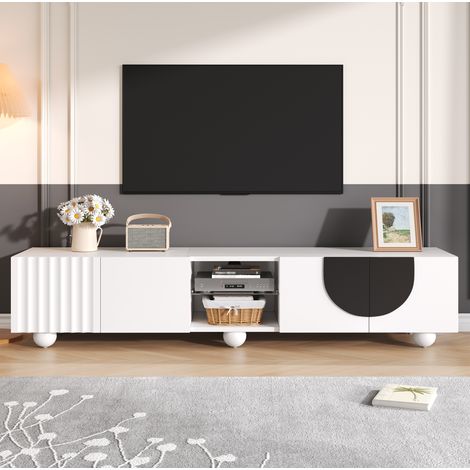 REDOM - Meuble TV 180x40x41.5cm Design noir et blanc ouverture par pression MDF et panneaux de particules Blanc (1/5)