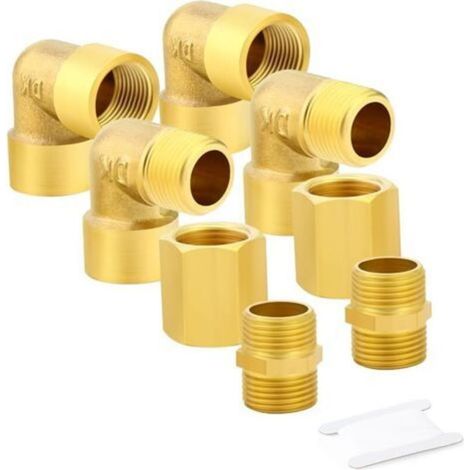 8pcs 1/8 inch BSP Brass Pipe Fittings, Hex Nipple, Hex Coupling, Air Hose Fittings 90 Degree Barstock Street Elbow (1/5)