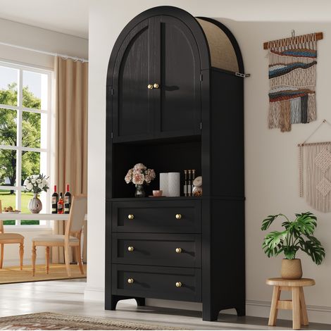 Mobile alto contenitore con porte e cassetti, 70 x 35 x 180 cm, ad arco, MDF nero HAVRYA (1/5)