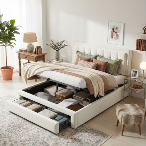 Cama 140x200 cm de terciopelo beige, con 2 cajones, para guardar ropa, sin colchón – MEUBLIV (1/5)