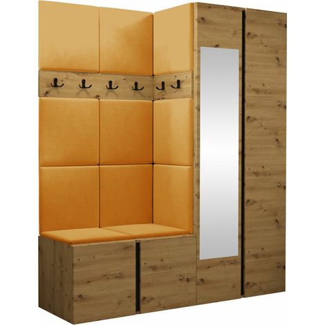 Conjunto para recibidor Pinis X, Roble Artisan, 186x158x46cm, Espejo, Aglomerado laminado, Tapiz, Colocada, Montada en la pared