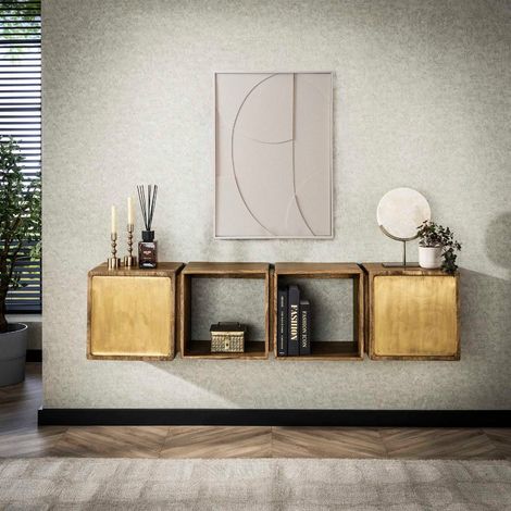 Buffet suspendu en bois de manguier et métal doré CROWL (1/5)