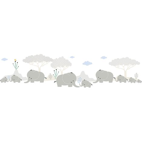 Frise murale pour enfant avec des éléphants Frise murale pour décorer une chambre de bébé Frise papier peint grise (1/5)