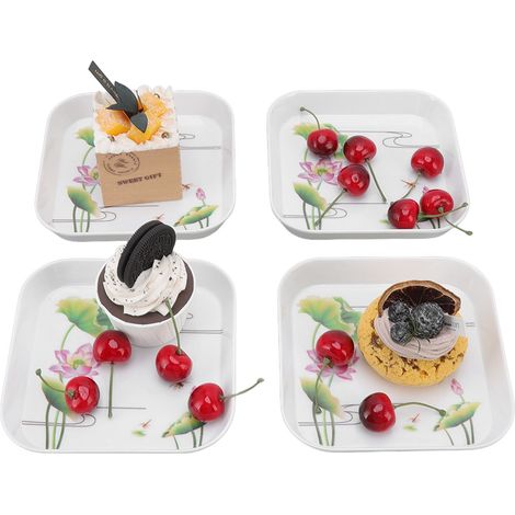 Ensemble de 4 assiettes à fruits et à dessert multifonctionnelles pour la maison, l'école et le restaurant. Plateau de rangement, plateau à os à rôtir, motif lotus. (1/5)