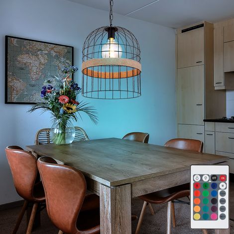 LED Hängeleuchte dimmbar mit Fernbedienung Pendellampe Hanfseil Pendelleuchte Wohnzimmer, RGB Farbwechsel, Metallgitter Optik, schwarz braun, 8,5W 806lm warmweiß, DxH 35x140 cm